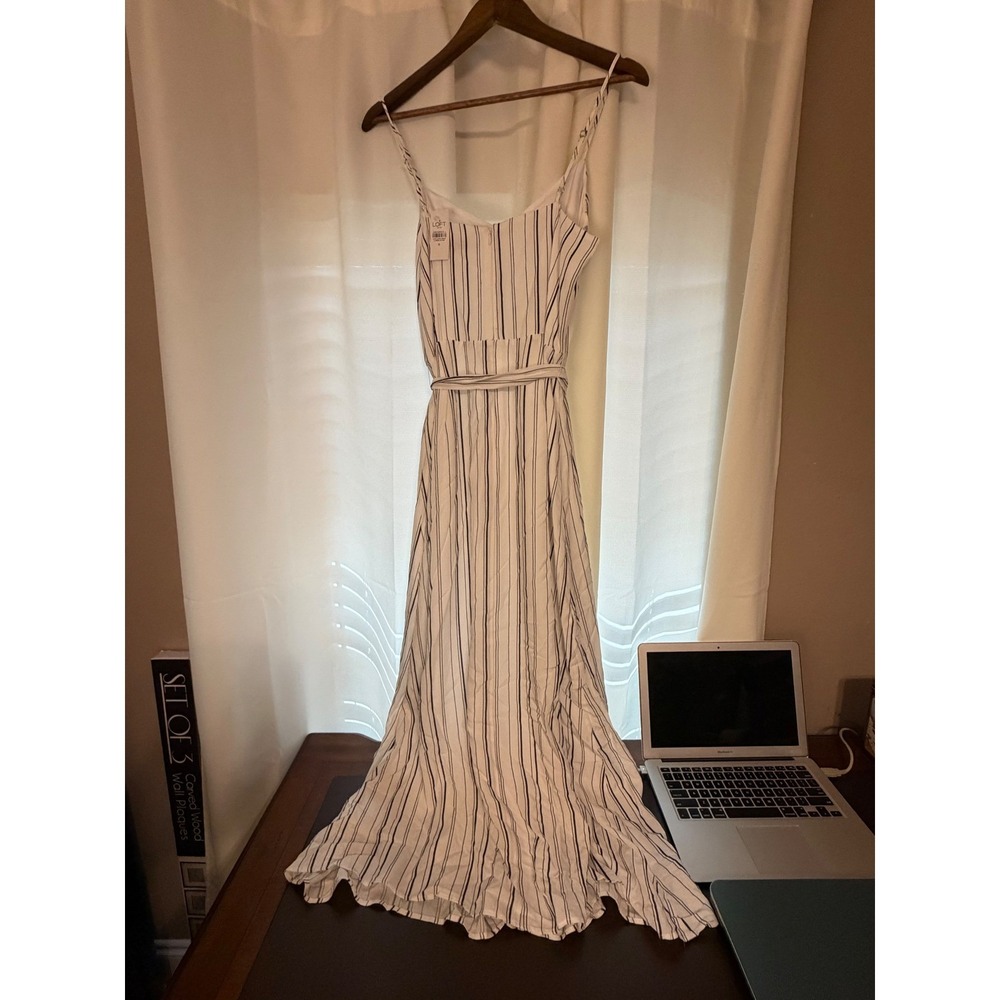 Loft Outlet Womens Striped Maxi Dress White Black Tie Waist NWT Size 8 - Picture 2 of 6